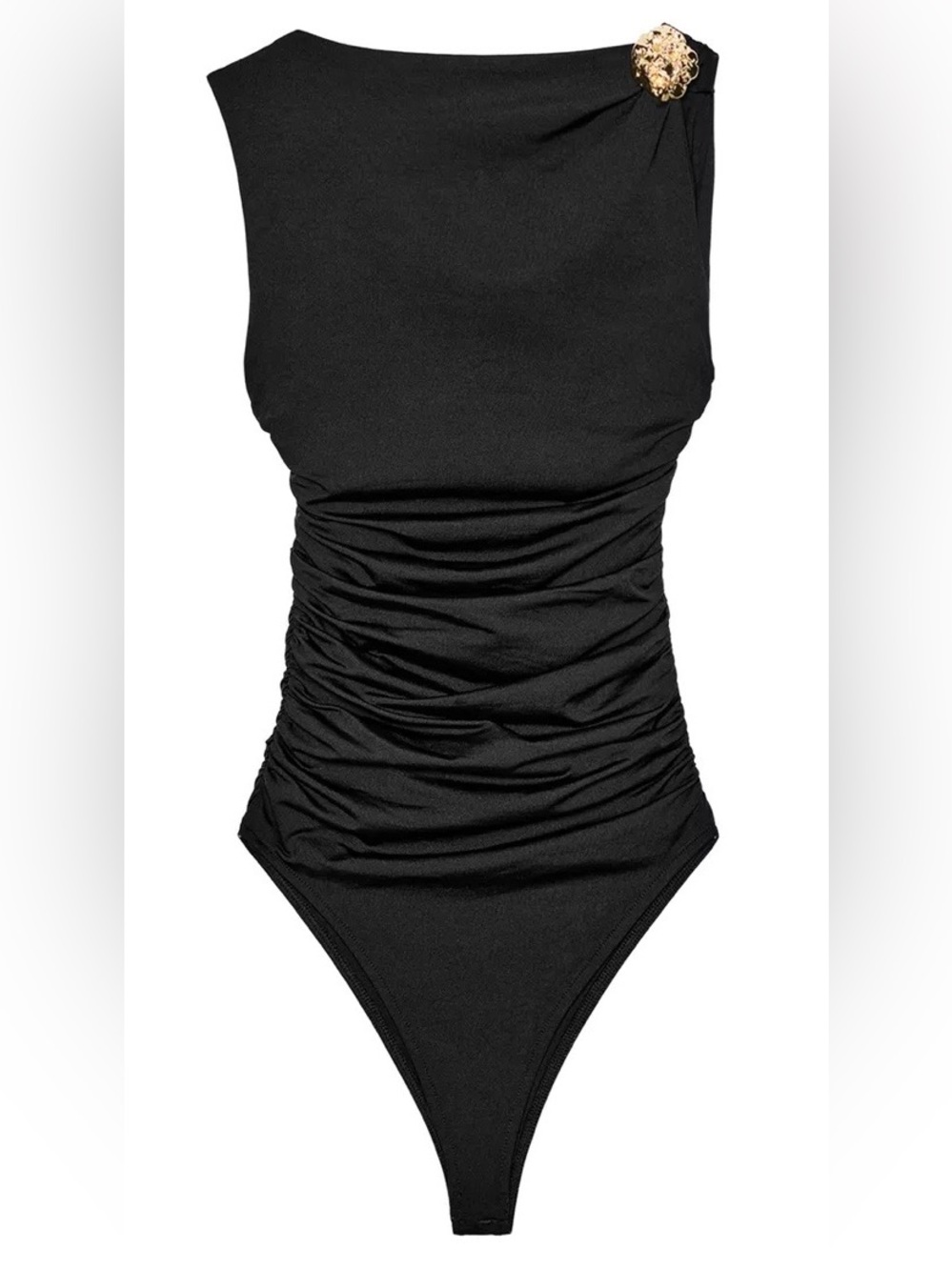 ZARA Draped Bodysuit — NWT — Size Small, Black with gold detail